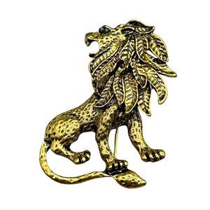 Vtg Lion Pin Brooch Antiqued Gold Color Textured Animal Figural Costume Jewelry